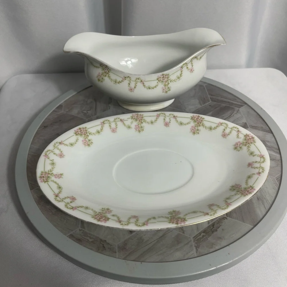 Bavaria Elegant White Delicate Pink Floral Green Garland Gravy Boat with Saucer
